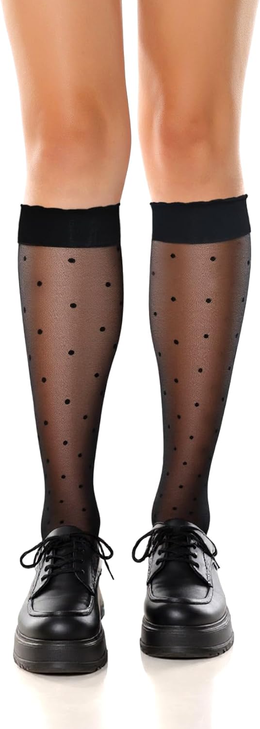 Womens Lace Knee High Socks Cute Polka Dot Sheer Nylon Knee High Stockings Lolita Mesh Long Tube Trouser Lace Socks