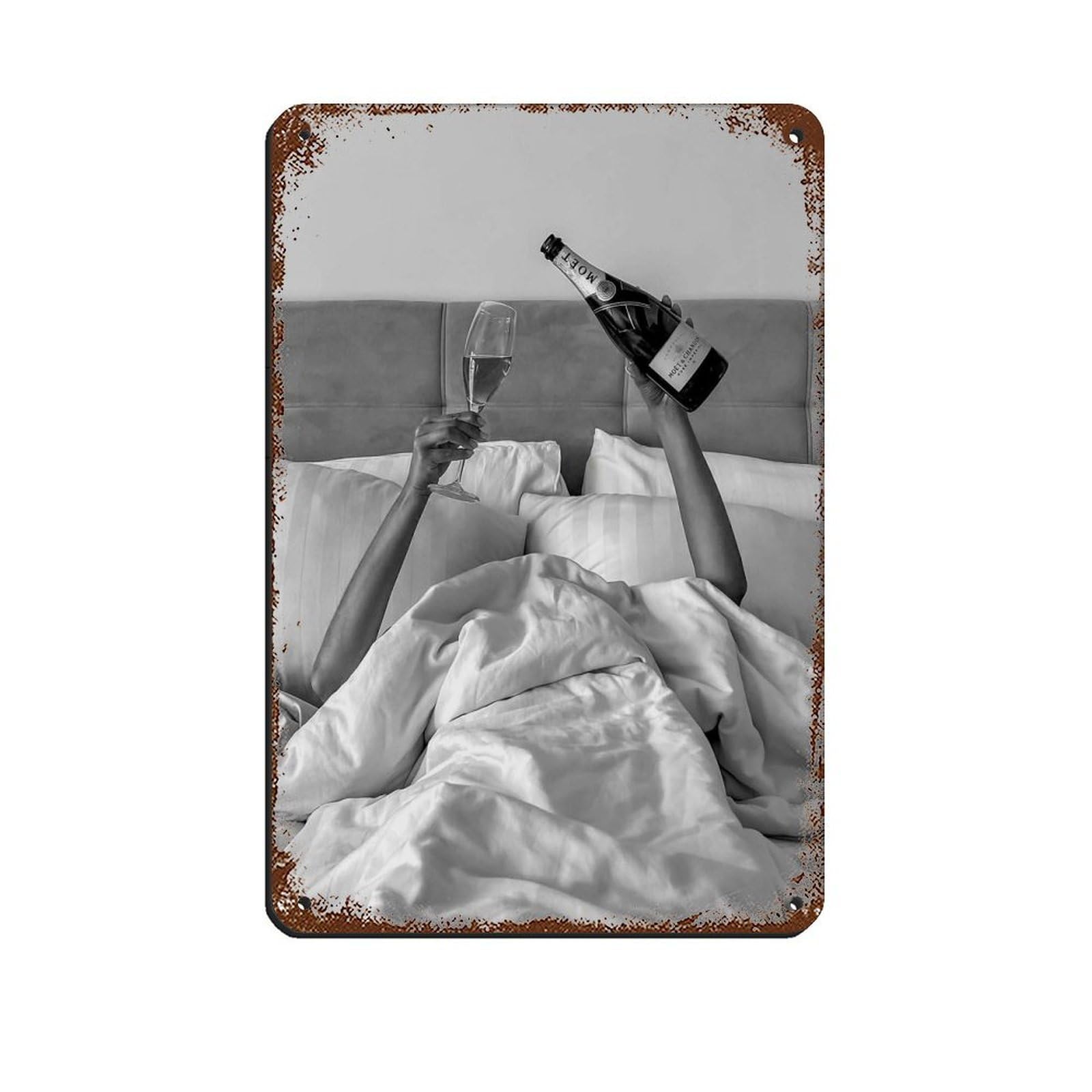 Woman Drinking Wine in Bed Poster Tin Sign Vintage Metal Pub Club Cafe Bar Home Wall Art Decoration Poster Retro 8x12inch(20x30cm)