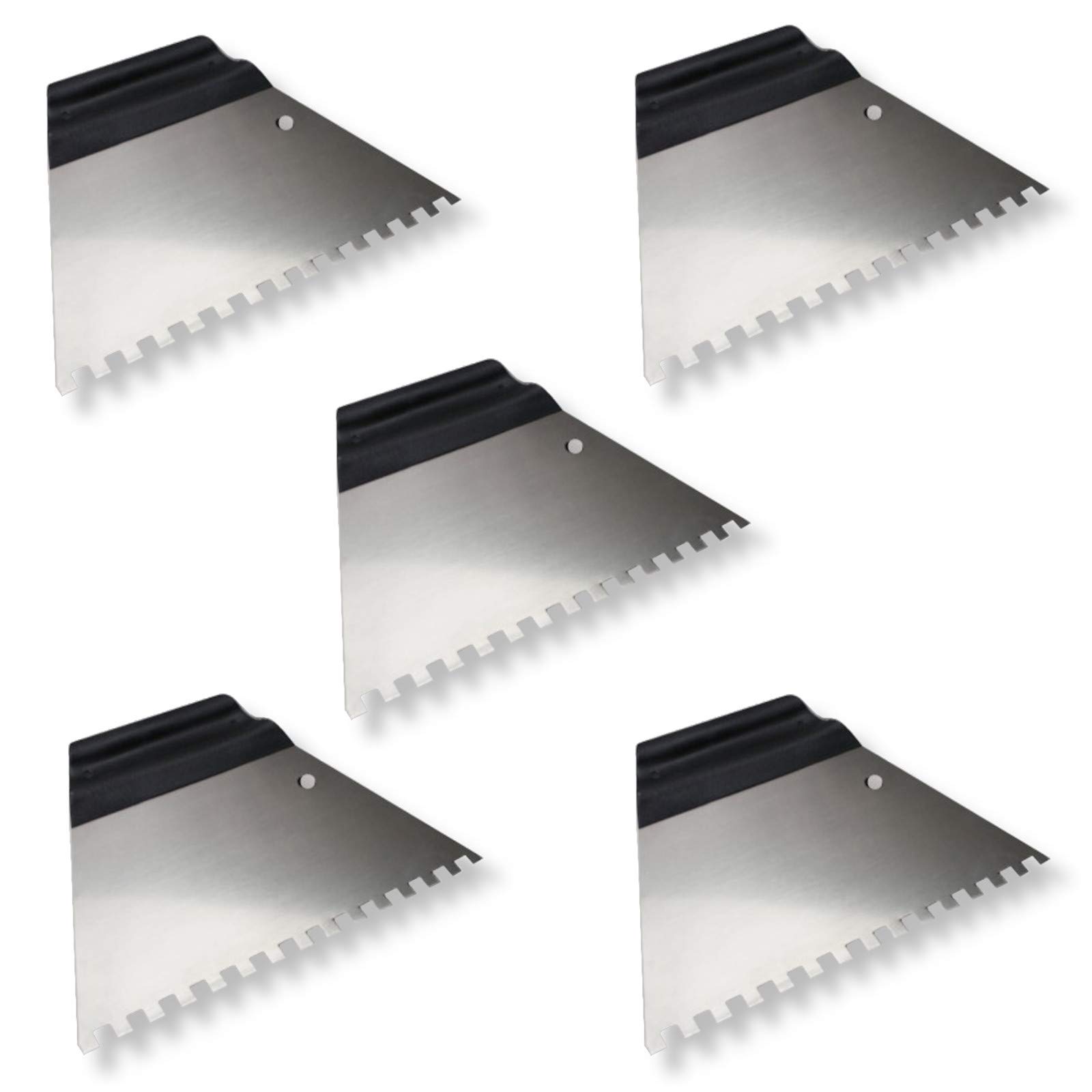 DEWEPRO Lot De 5 Spatules À Colle 180 mm – Spatules Trapézoïdales Avec Denture 4 x 4 mm En Acier Inoxydable – Poignée Ergonomique En Plastique – Pour Colle À Carrelage Mortier Enduits Murs Et Sols