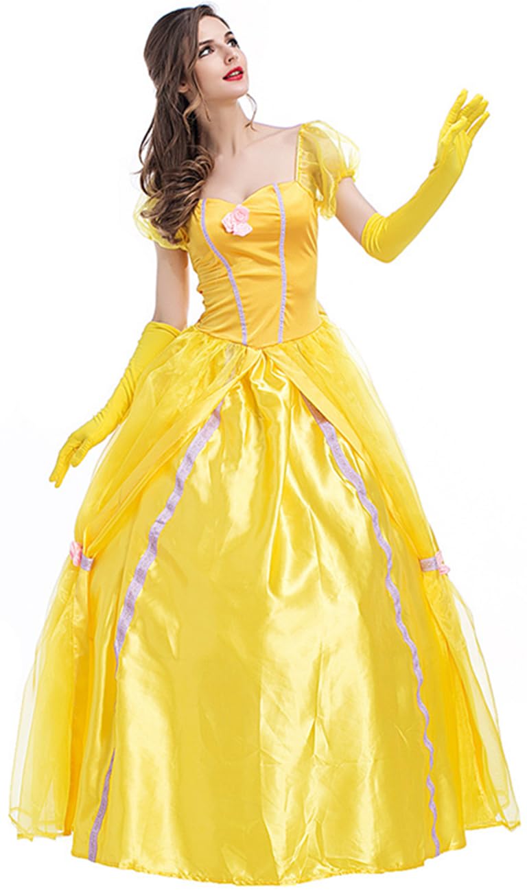 Déguisement Princesse Belle Femme et Gants Adulte Cosplay La Belle et la Bête Longue Tulle Reine Robes de Soirée Fancy Dress Halloween Noël Carnaval Anniversaire Fête Costume Jaune