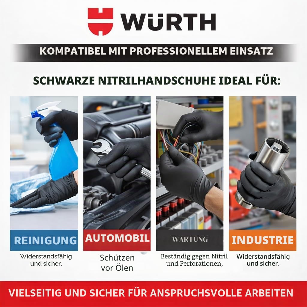 WURTH Einweghandschuhe aus Nitril, puderfrei, Industriehandschuh, Schwarz, Größe M, 100 Stück
