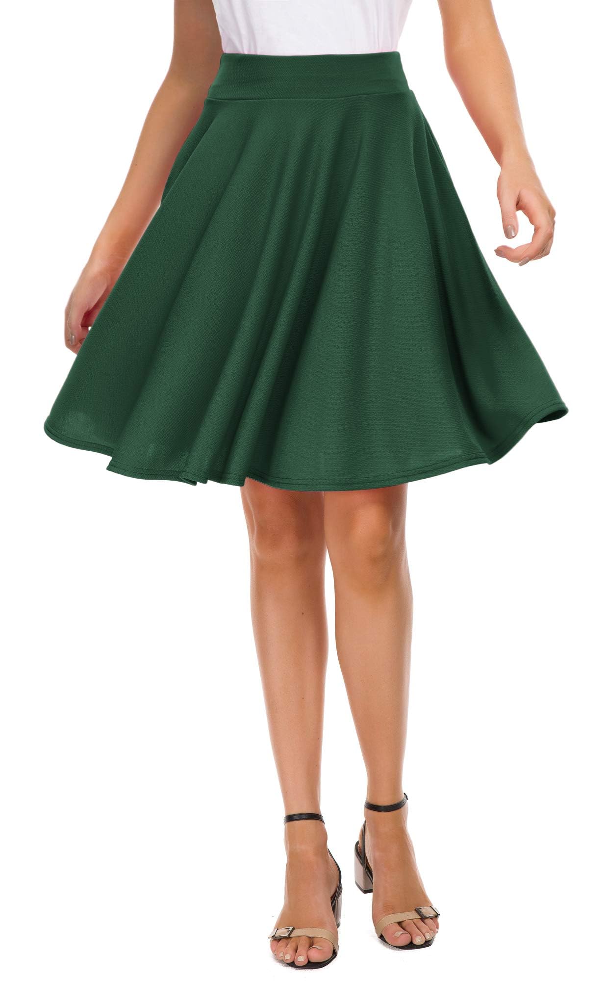 EXCHIC Womens Casual Stretchy Flared Mini Skater Skirt Basic A-Line Pleated Midi Skirt