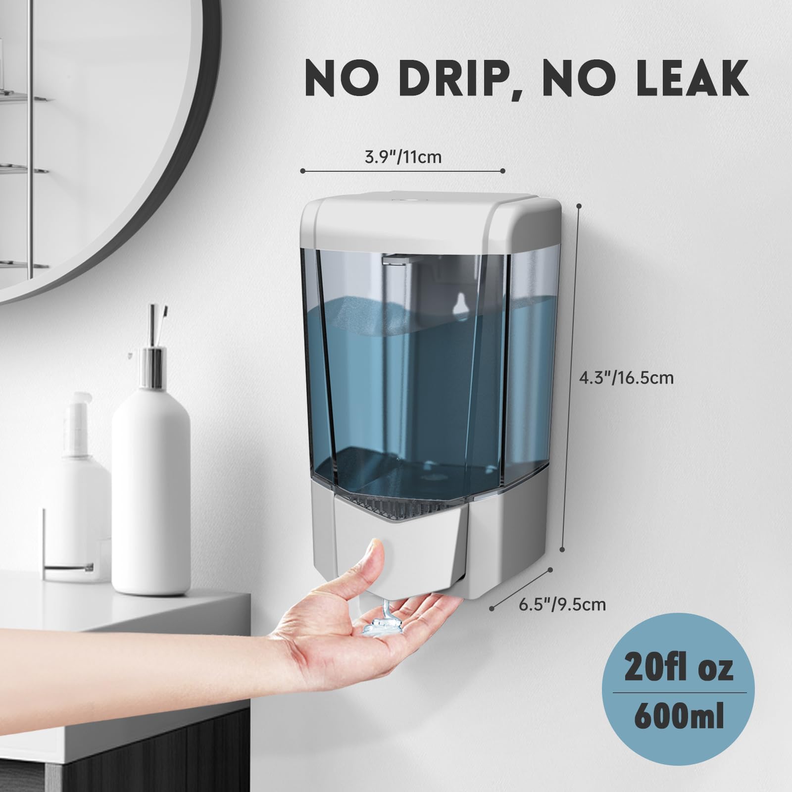 Dispensador de jabón líquido de mano, montaje en pared, 20 flz, dispensador de jabón manual de una sola cabeza, ABS 9306, plateado
