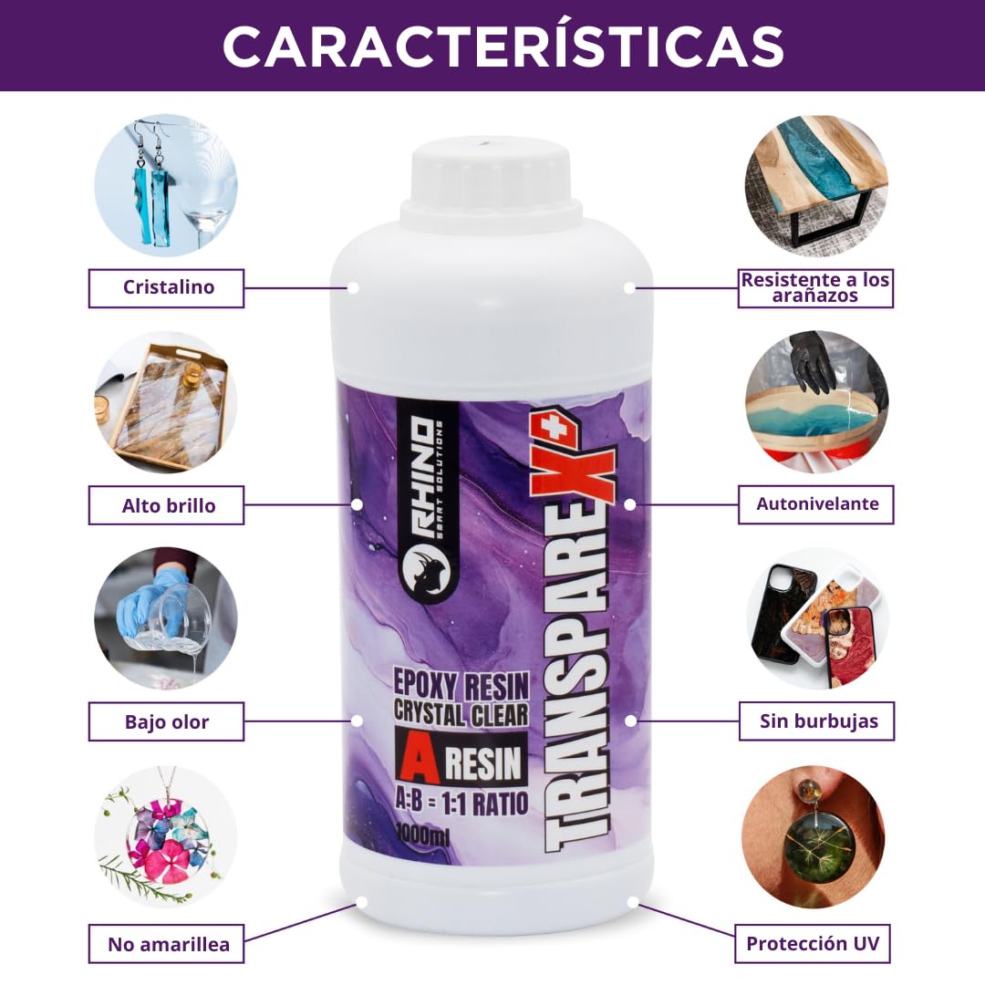 Kit Resina Epoxi Transparente RHINO Smart Solutions TRANSPAREX+ 2000ml para Manualidades - 1000ml Resina Líquida Transparente + 1000ml Endurecedor (1:1) para DIY, Arte, Modelado, Joyería, Bricolaje