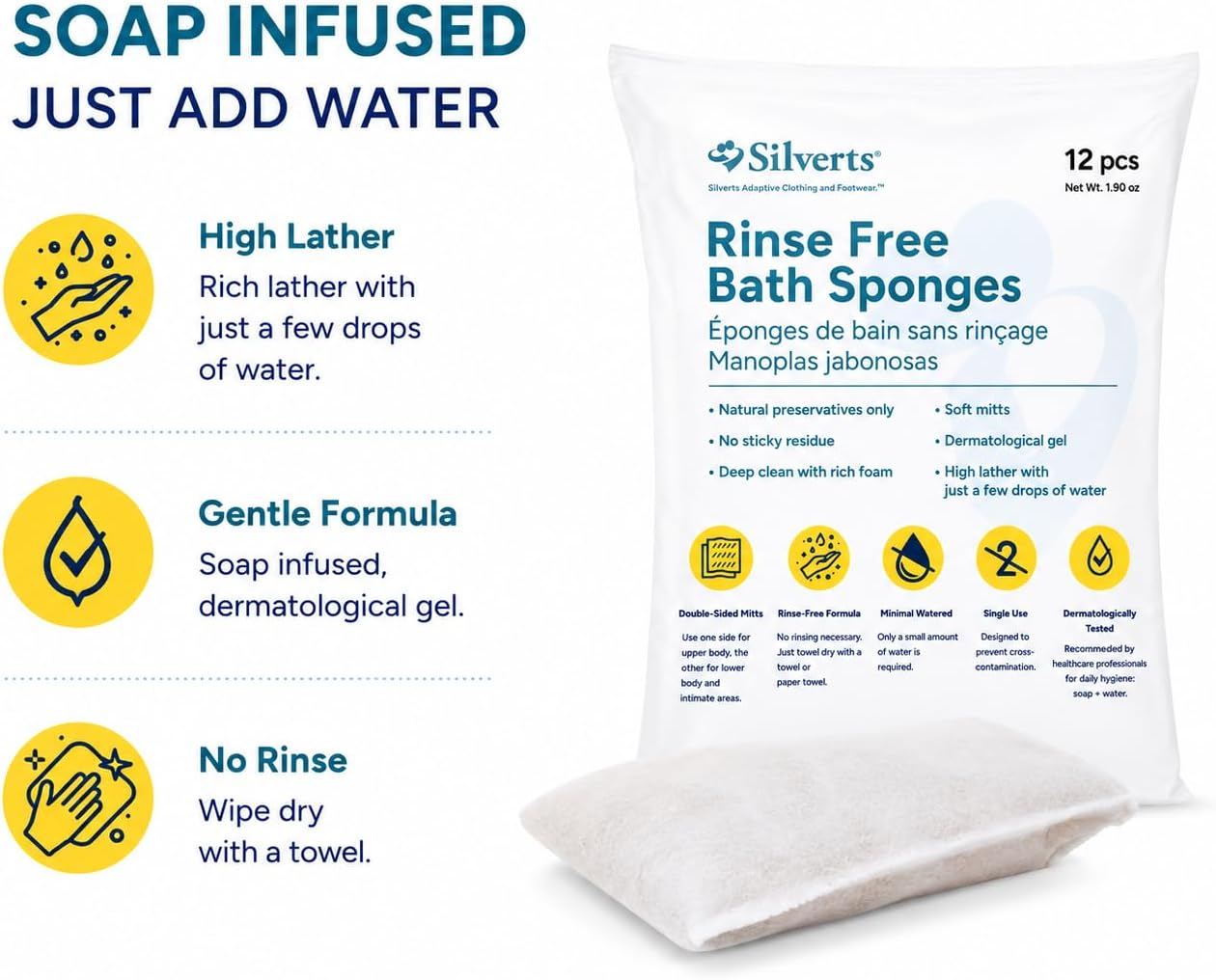 Silverts Rinse-Free Bath Sponges, Soap-Infused Wash Mitts, 12 Pack image 5