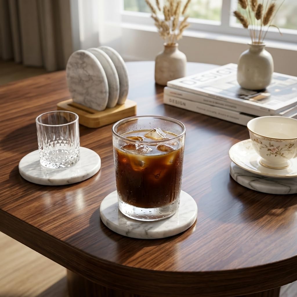4-Inch Round White Marble Coasters with Holder, Set of 4 image 4