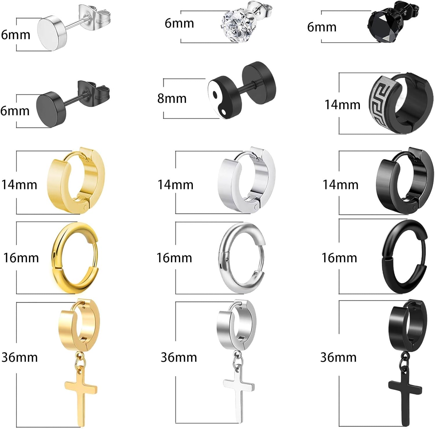 15 Pairs Earrings for Men, Black Silver 14K Gold Plated Stainless Steel Earrings Stud Hoop for Men Women, Fashion Ear Piercing Jewelry Cross Dangle Hoop Earrings Set - Image 3