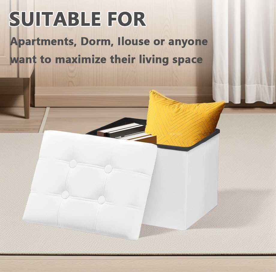 AmasSmile 2PC Storage Ottoman Foot Rest Stool, 17 inch Velvet Footstool Bench, Short Ottomans Stool, Small Folding Storage Ottoman Store Books, Records, White - Image 5
