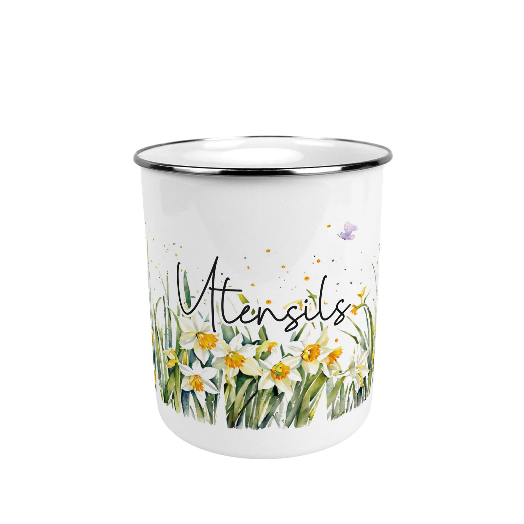 Purely Home Springtime Daffodils Large Metal Utensil Pot - Stylish Floral Tin Kitchen Utensil Holder/Organiser for Countertop - 15cm(h) x 14cm(dia.)