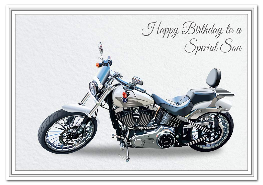 Birthday Card for Son - Classic Motorbike Biker - Special Unique Unusual - Cool Vector Art - Adult or Teenage Happy Bday - Best Good Wishes - Quality Greeting - Blank Inside - Made UK