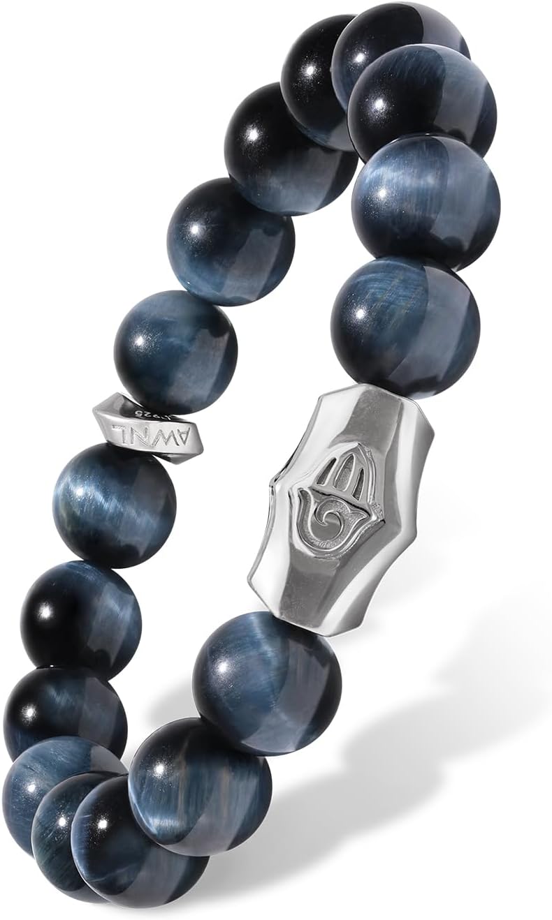 AWNL Men's Beaded Bracelet Premium Sterling Silver Central Charm with Natural Gemstones Hawk Eye Amethyst Phantom Quartz (10mm) Elastic Cord Bracelet for Men, 5.5"-7.5"
