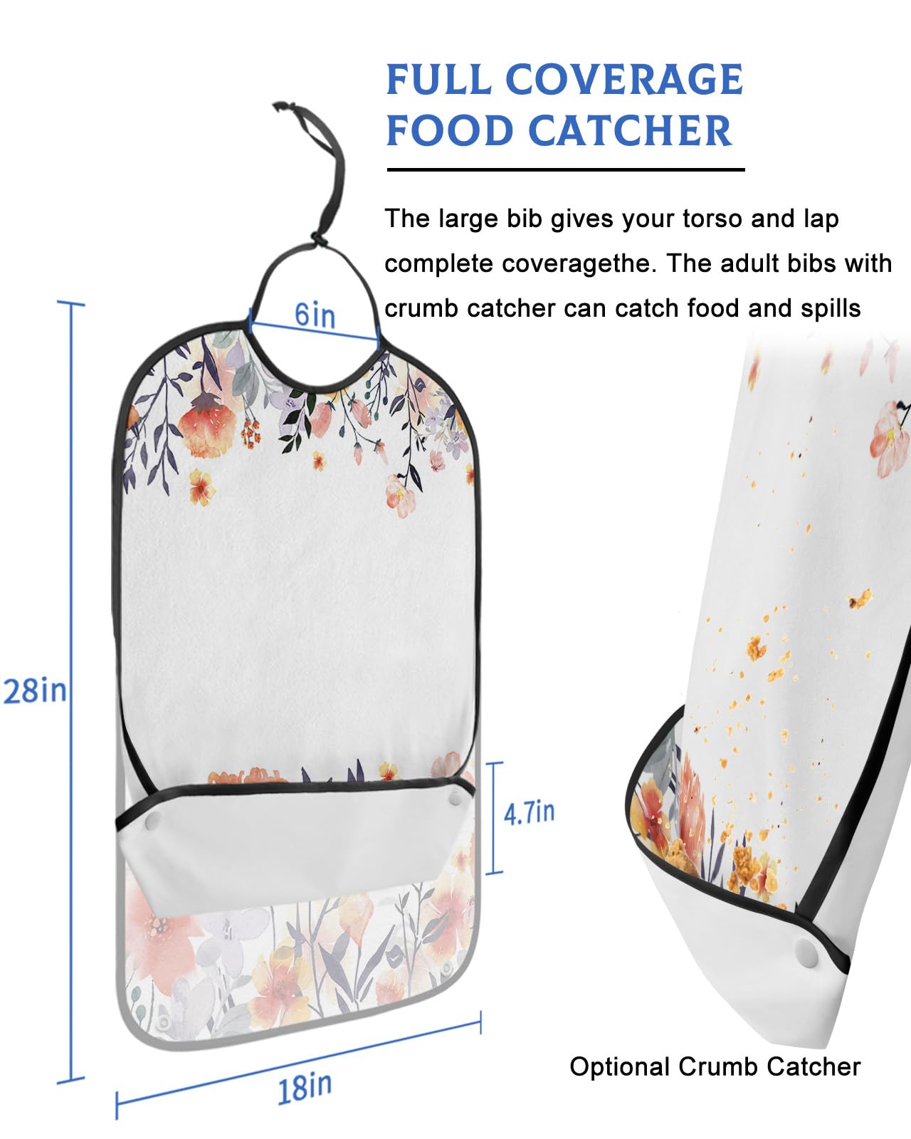 Leaves Flower Adult Bib for Adults Men, Women, Washable & Adjustable Terry Cloth Bib with Crumb Catcher Reusable Waterproof Clothing Clothes Protector Apron Watercolor Floral Botanical Orange