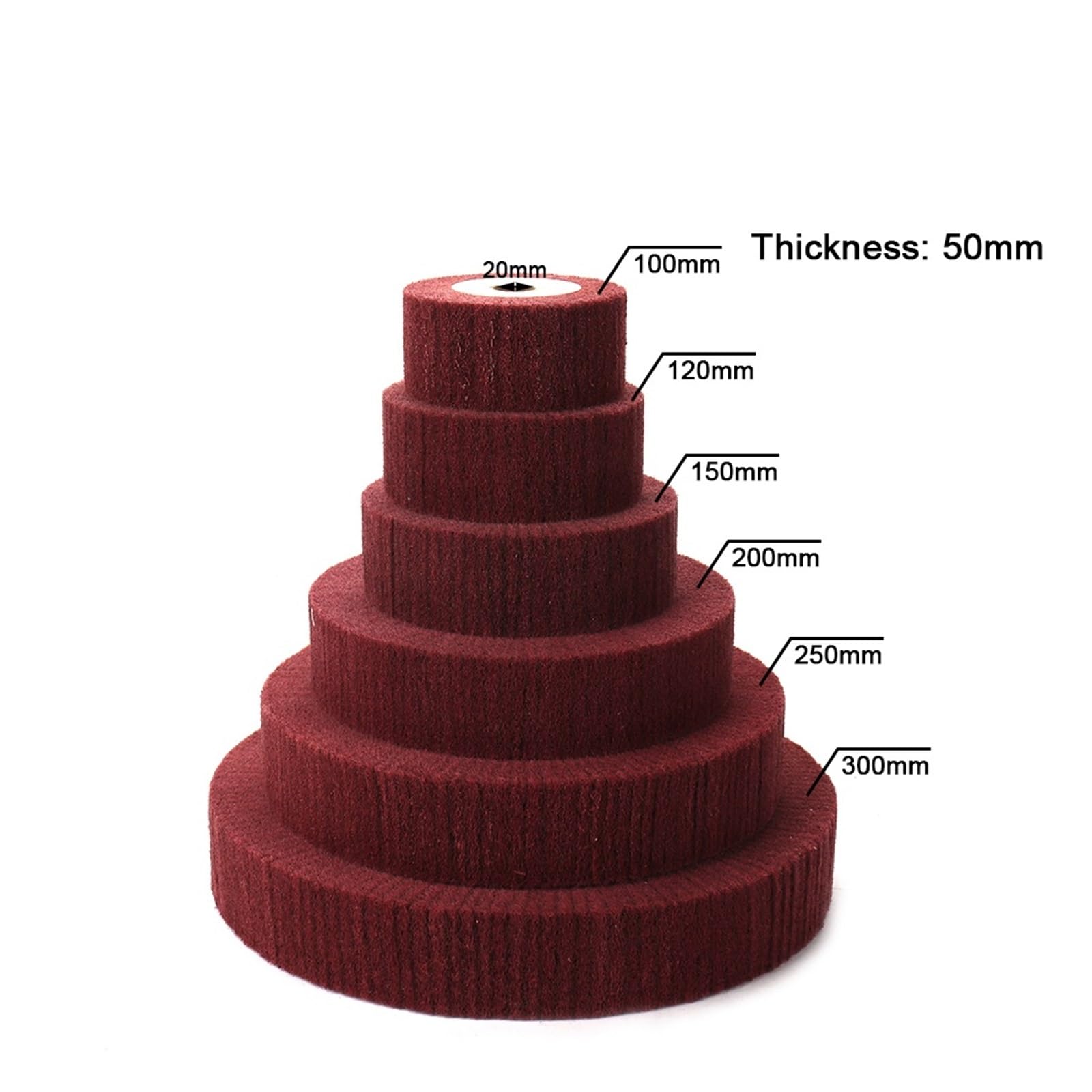 Spazzola a lamelle in tessuto non tessuto da 100/125/150/200/250/300 mm, ruota for lucidatura, grana 320, tampone abrasivo for lavorazione del legno, foro da 20 mm, spessore 1''/2''(50mm Thick,320_300