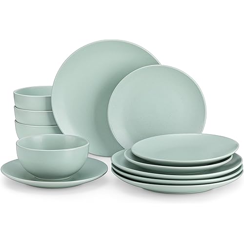 vancasso Sabine Stoneware Dinnerware Set 12 Pieces - Ceramic Plates and Bowls Set Service for 4, Dishwasher and Microwave Safe, Light Green
