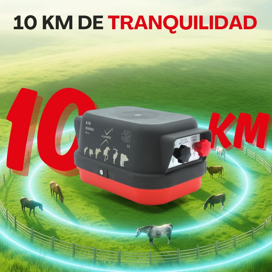 Pastor eléctrico Llampec Mod.RH con batería recargable 12V – 1,6 J, 9.500 V y 10 km de alcance – Especial para caballos y uso en competiciones Raid Horse – Fabricado en España