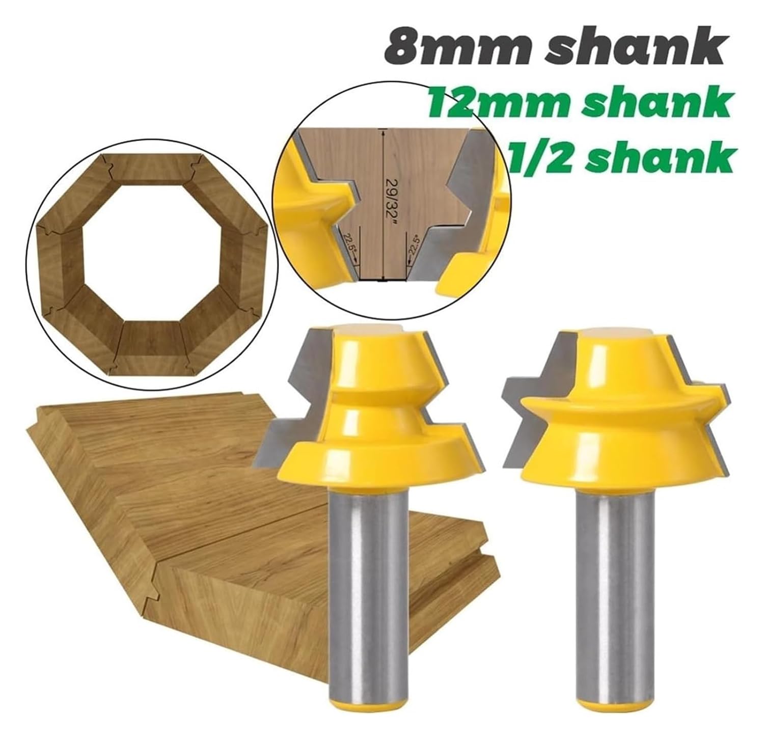 TLGH 2pc Lock Miter Router 22.5 Degree Glue Joinery Router Bit - 12.7mm 12mm 8mm Shank Woodworking Cutter Cutter for Woodworking(8mm Shank)