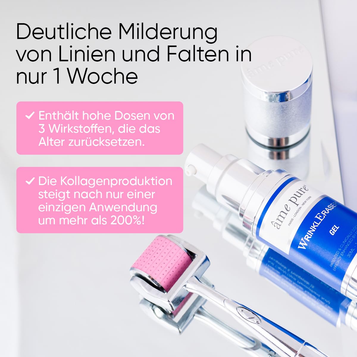âme pure® WrinklEraser Basic SET 100% natürliche Mikronadelroller-Behandlung gegen Falten (Dermaroller 0.5mm + Gel + Desinfektionsmittel)