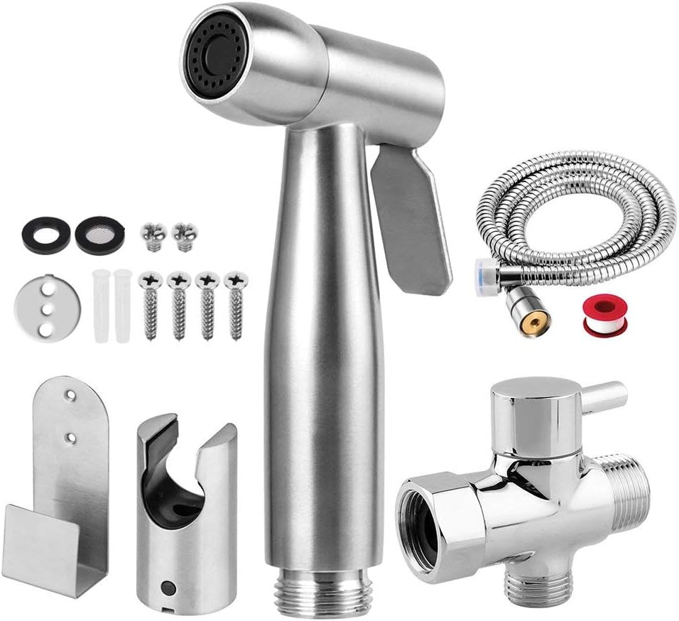Handheld Bidet Sprayer Kit, Stainless Steel Shattaf Douche Muslim Shower Spray with Hose Bidet Holder Valve for Toilet Cleaning, Pet Bath, Personal Hygiene (includes T-adapter)