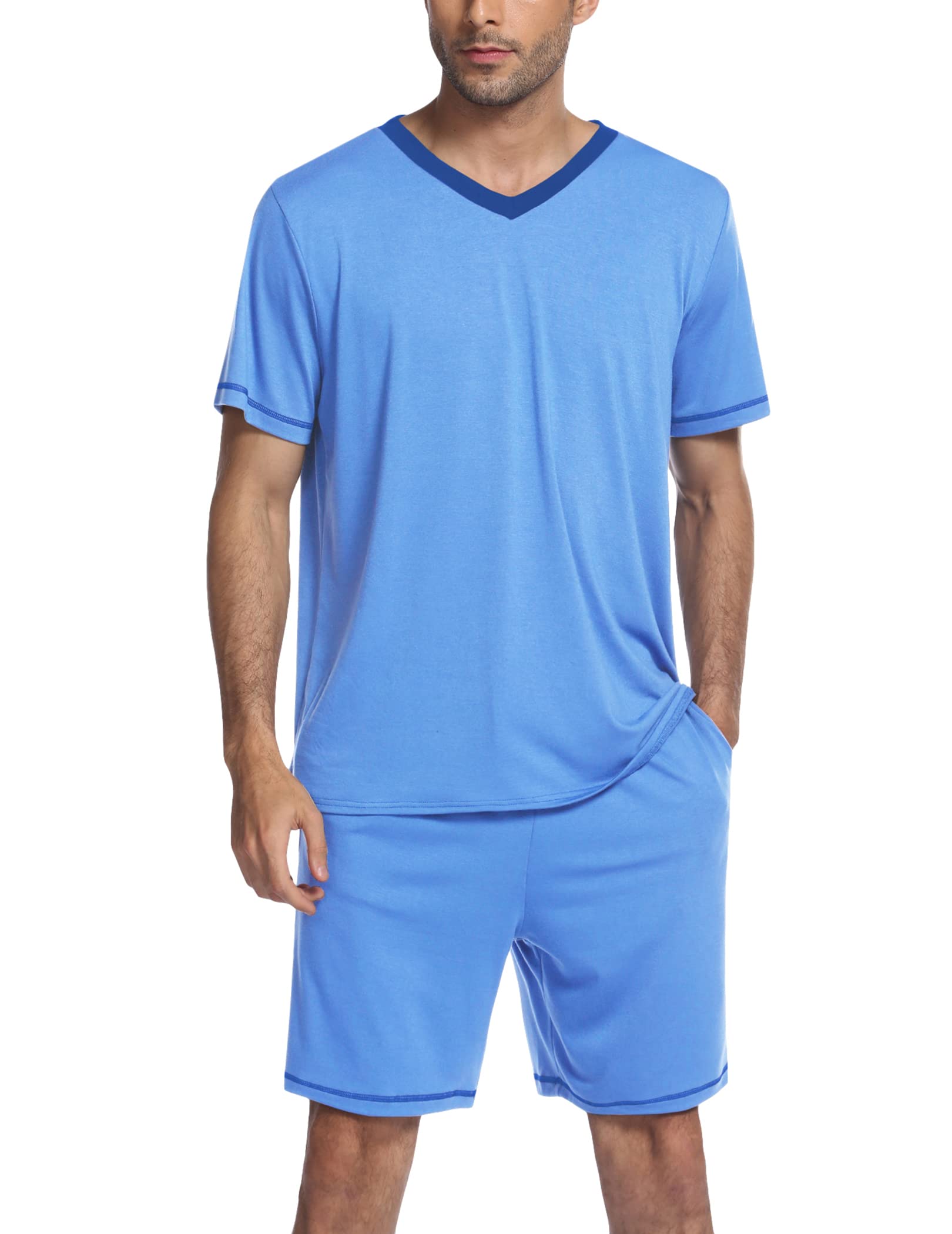 ekouaer Mens Pajama Set Short Sleeve V Neck 2 Piece Nightwear Shorts With Pockets Summer Sleepwear PJS for Men-picture-17