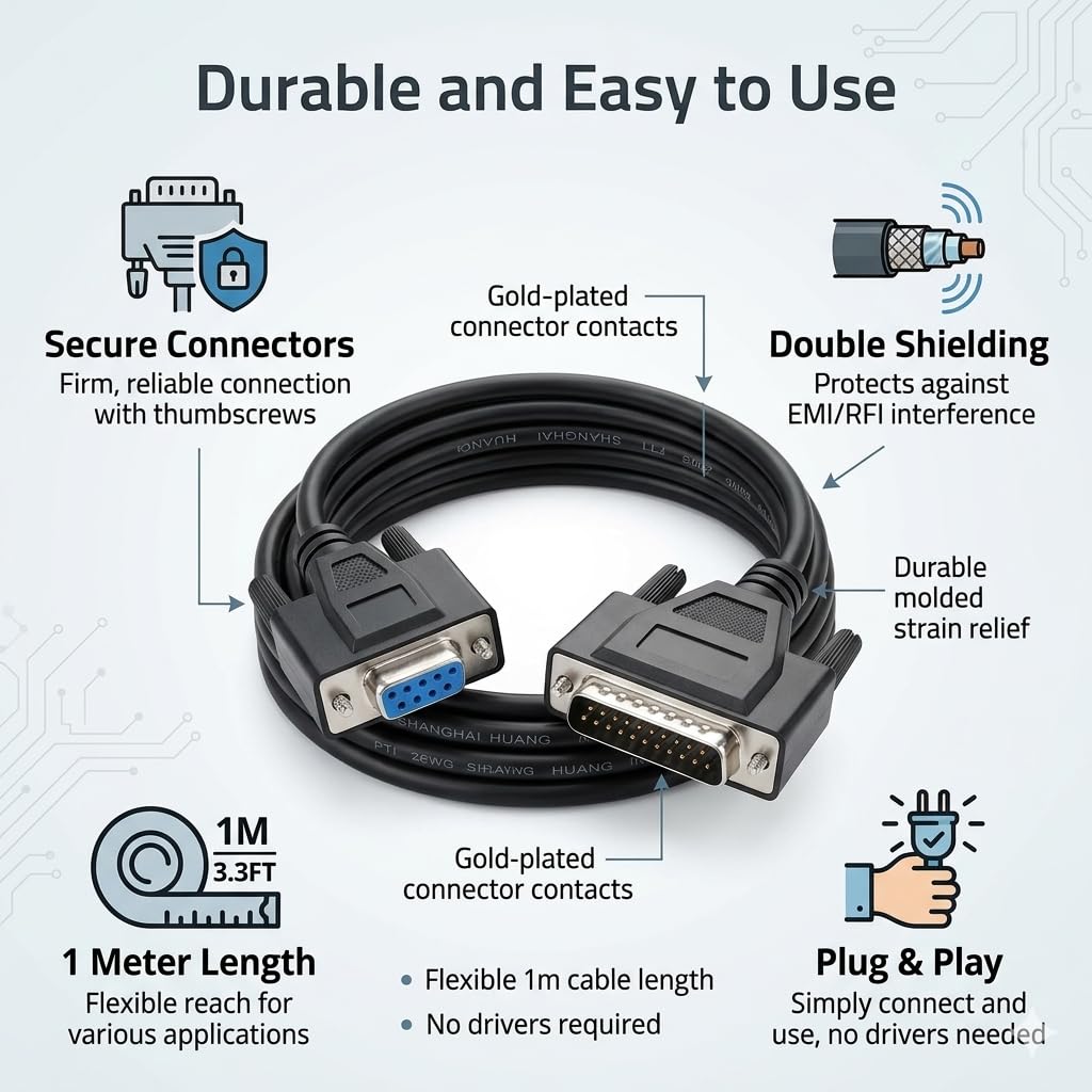 DB9 Female to DB25 Male Double Shielded RS232 Serial Cable 1 Meters for Printer Connection
