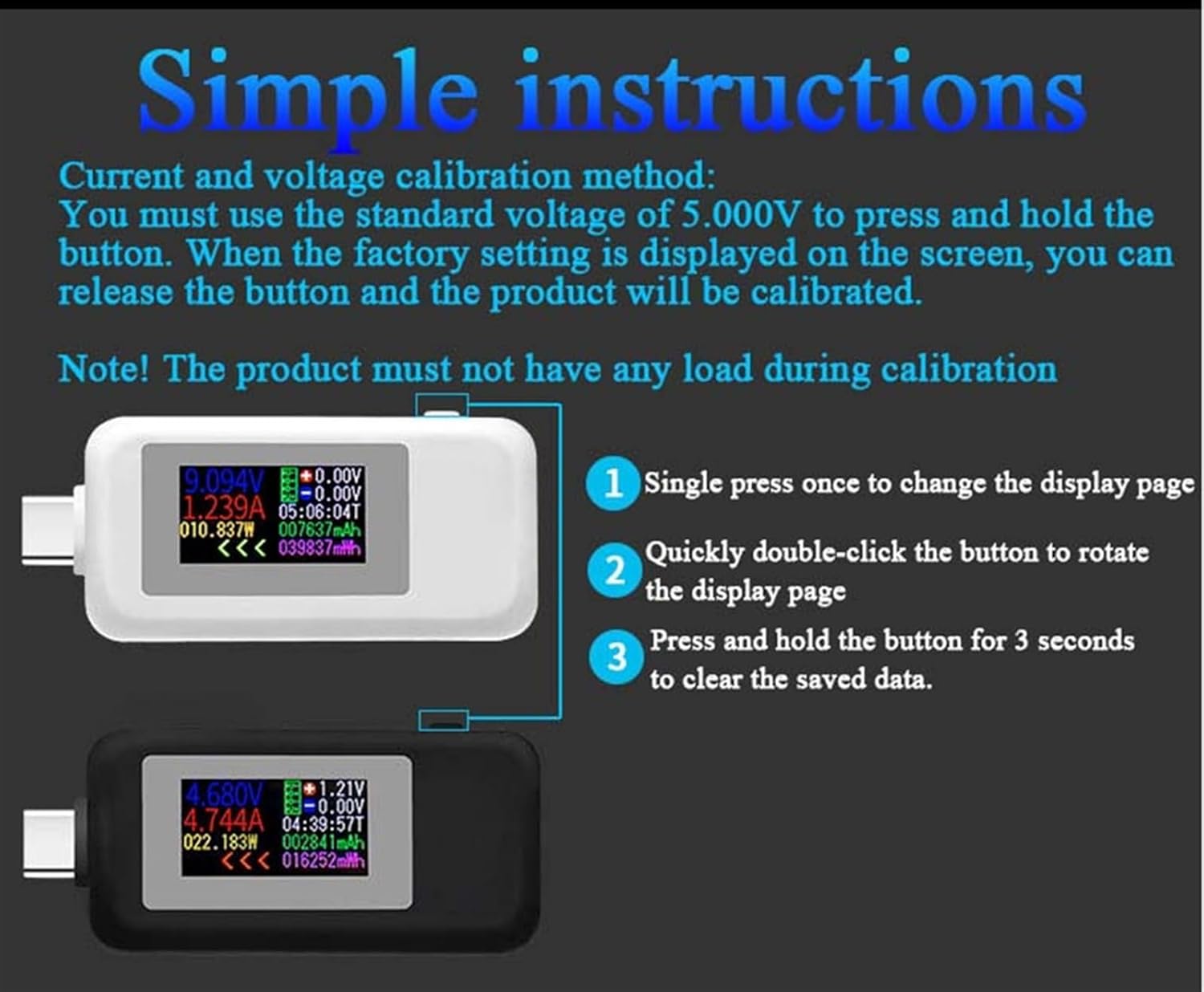 Image showing the KWS-1902C USB tester with instructions for button functions.