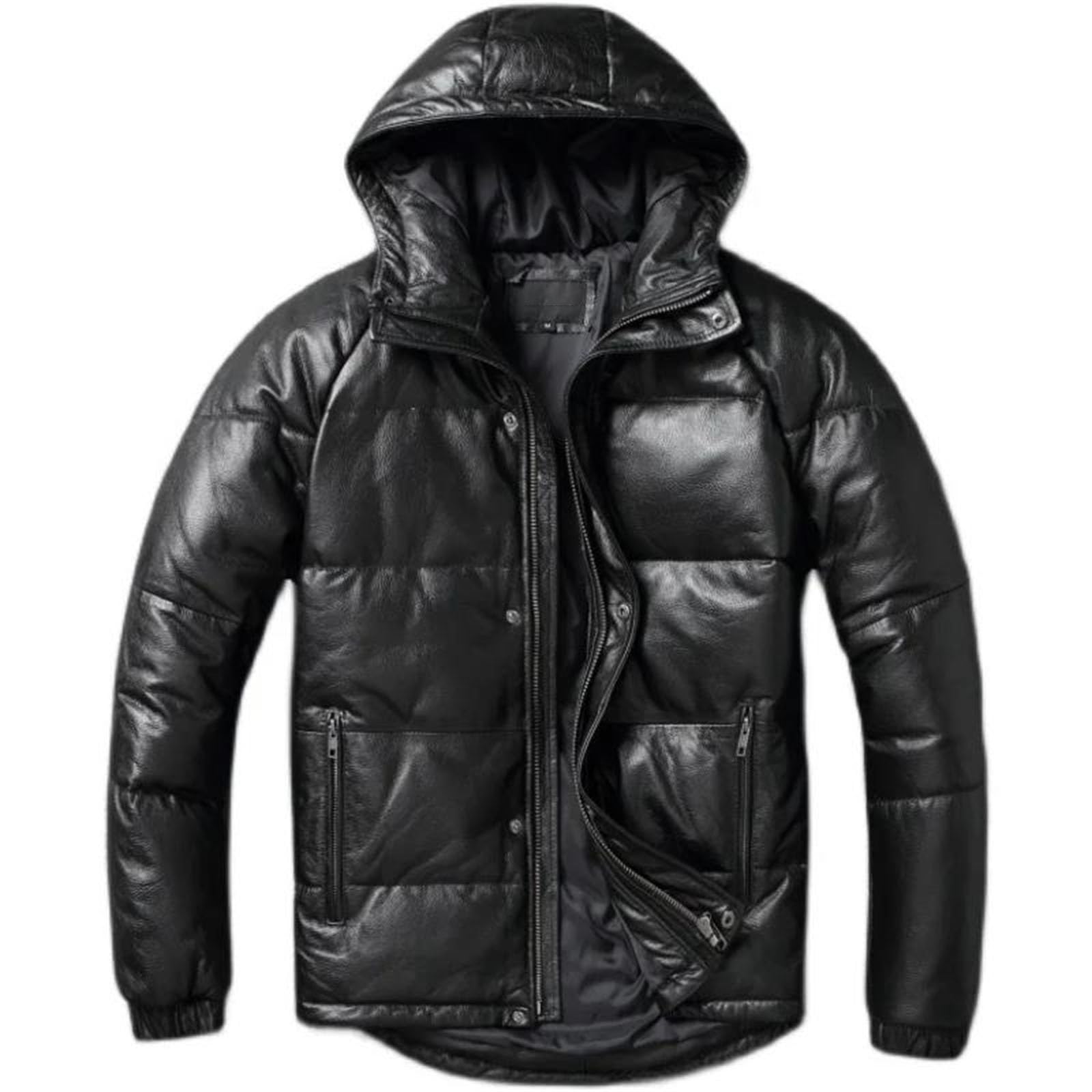 Giacca in pelle spessa da uomo con cappuccio caldo cappotto invernale lungo piumini cappotti in vera pelle di mucca