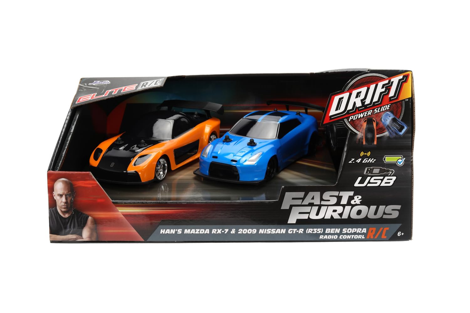 Jada Toys Fast and Furious RC Drift Auto Twin Pack (zestaw 2 szt.) - 2 zdalnie sterowane samochody zabawkowe dla fanów i dzieci od 6 lat, po 19 cm, maks. 8 km/h, pilot zdalnego sterowania 2,4 GHz, w