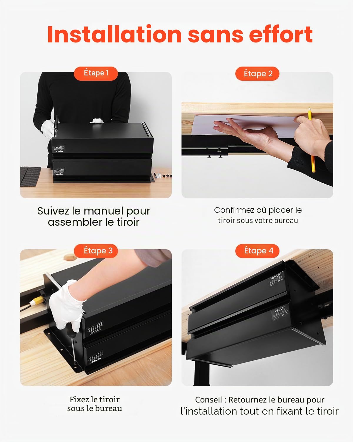 VEVOR Tiroir Coulissant sous Bureau, 457x227x200 mm, Tiroir Organisateur de Rangement sous Bureau Caché à 2 Couches, Capacité de Charge 5 kg, pour Maison sous Table, Poste de Travail Assis-debout