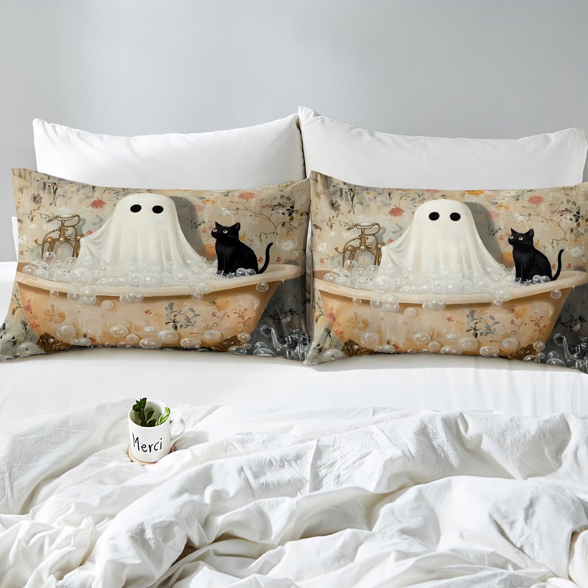 Parure de lit 3 pièces avec 1 drap plat et 1 taie d'oreiller – Motif chat amusant et rustique – Motif de chat amusant – Pour lit simple – Motif floral et bulles – Lit jumeau