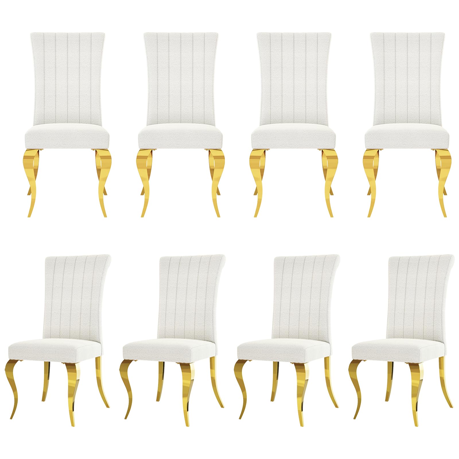 White and Gold Boucle Upholstered Dining Chairs Set of 8