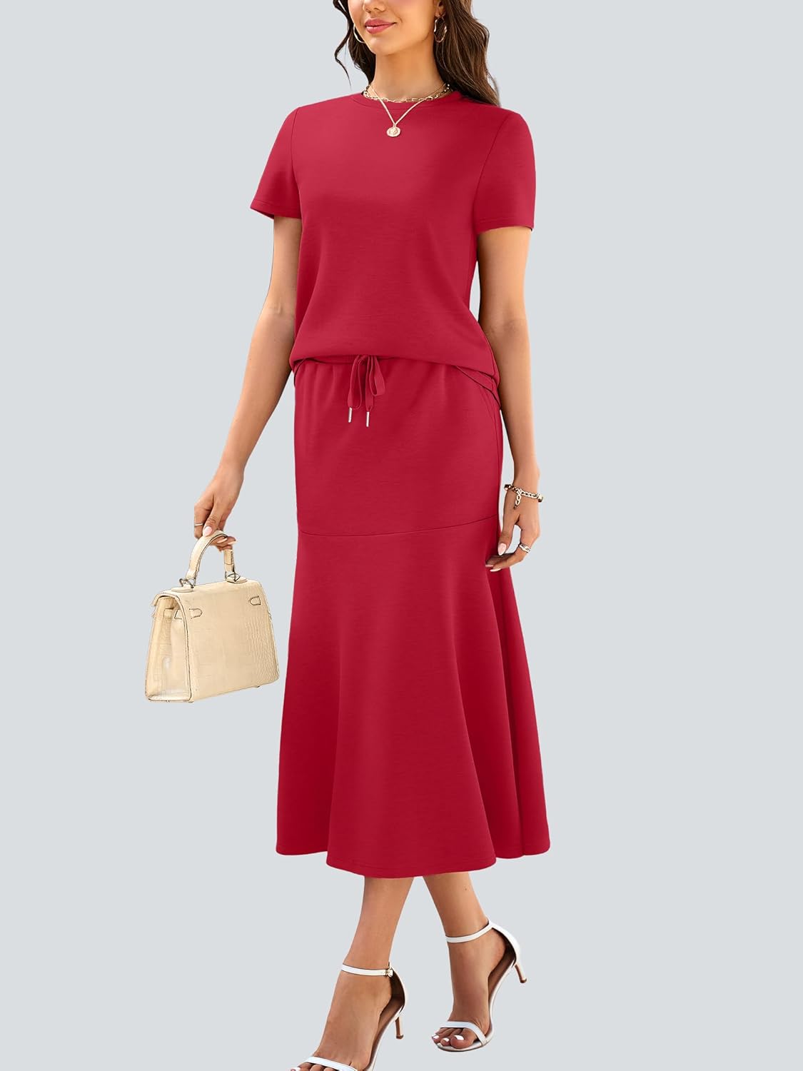 Casly Lamiit Women's Two Piece Sets Summer Casual Lounge Outfits Short Sleeve Fishtail Midi Skirts Set with Pockets - Image 3