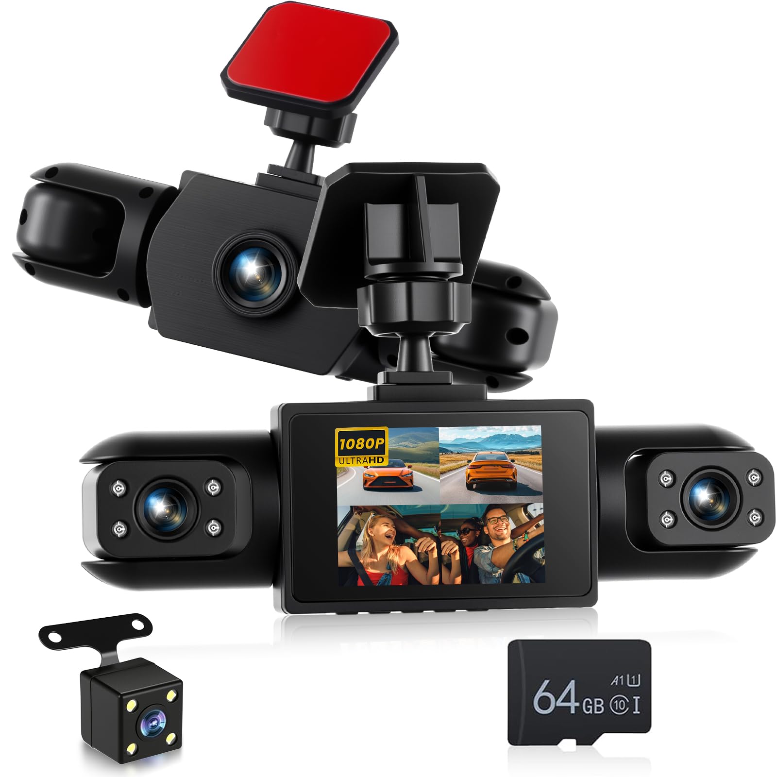 Cámara para salpicadero de 4 Canales y 1080p - cámaras Delantera, Izquierda, Derecha y Trasera, Pantalla de 3 Pulgadas, visión Nocturna por Infrarrojos, grabación en Bucle y detección de Movimiento