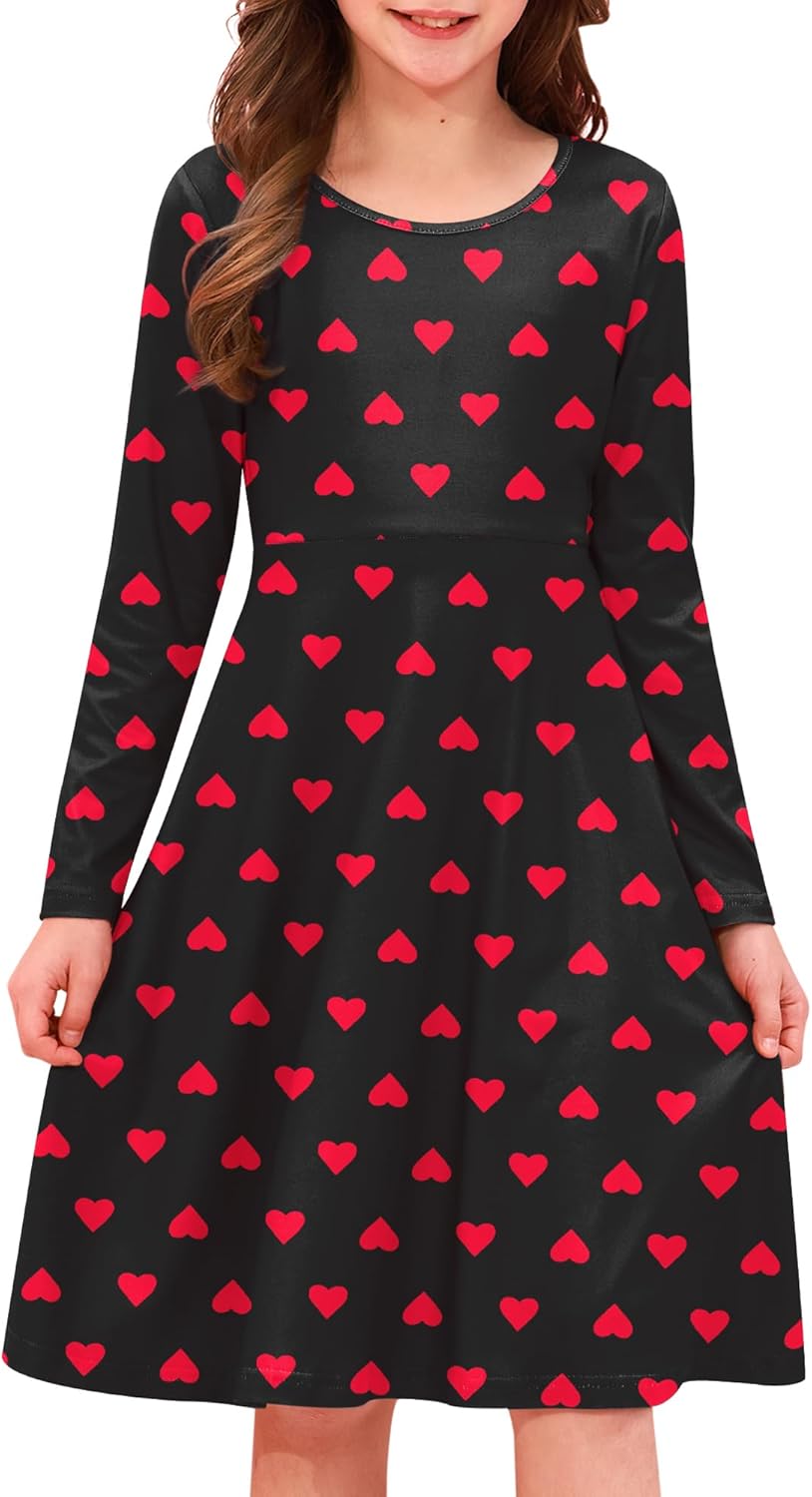 Girl's St Patrick's Day Clover Print Irish Shamrock Long Sleeve A-line Midi Dress 4-14 Years