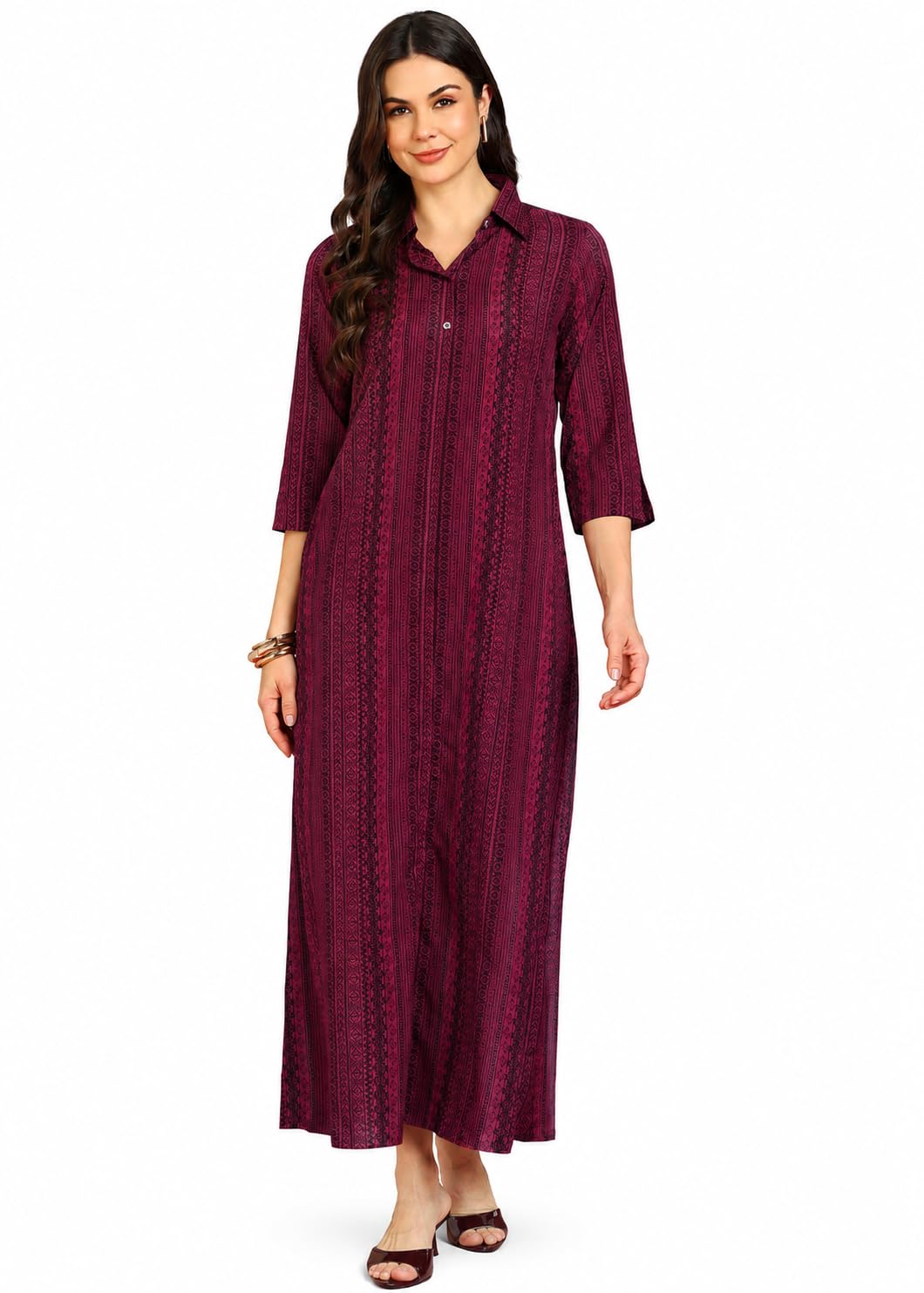 rudrakriti Rudraaksha Women's Stylish Button Up Maxi Dress Western Shirt Collar Long Dress | 3/4th Sleeves | Straight Dress for Women (Wine_3XL)-picture-35