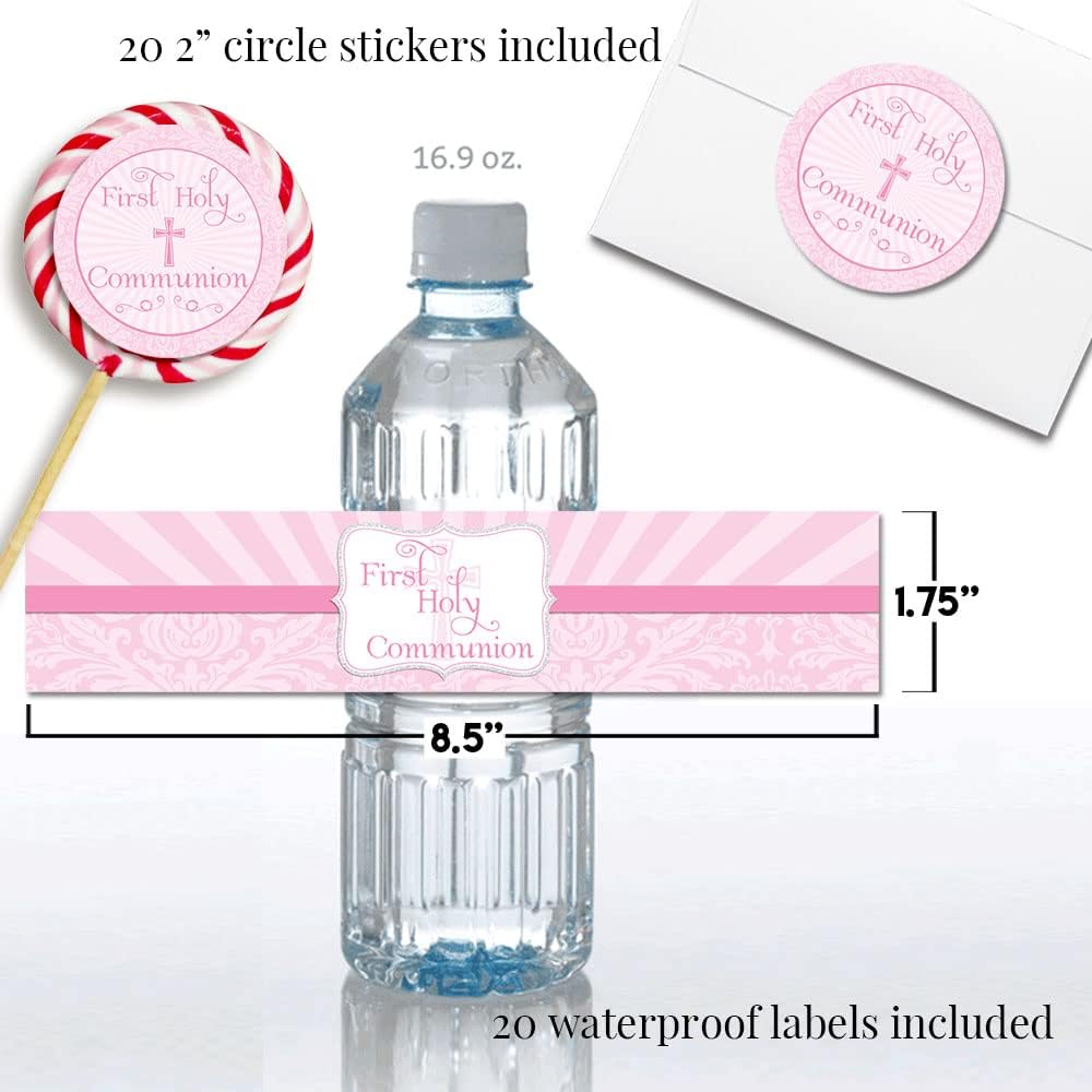 Amanda Creation Deluxe First Holy Communion Party for Girls Bundle Includes 20 Invitations & Thank You Cards & Envelopes + 2 Sizes of Stickers, & Water Bottle Labels!
