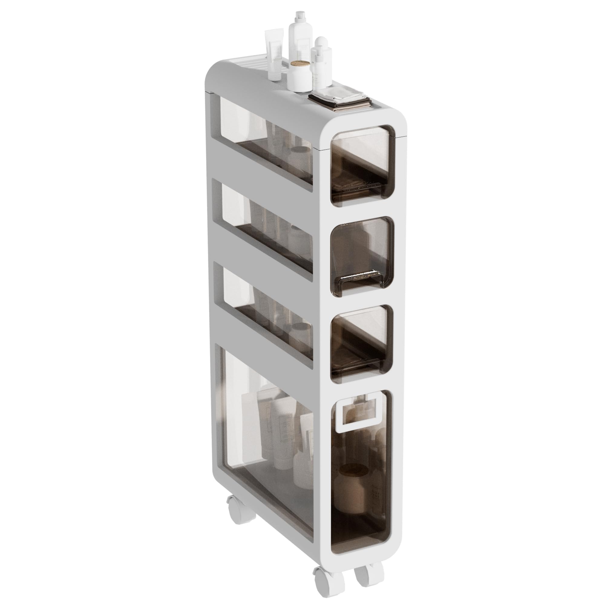 4-Tier Narrow Slit Storage Cabinet, 6.7 Slim Bathroom Floor Cabinet, Movable Toilet Paper Holder,Narrow Waterproof Side Bathroom Organizer for Kitchen Bedroom Laundry,Already Assembled