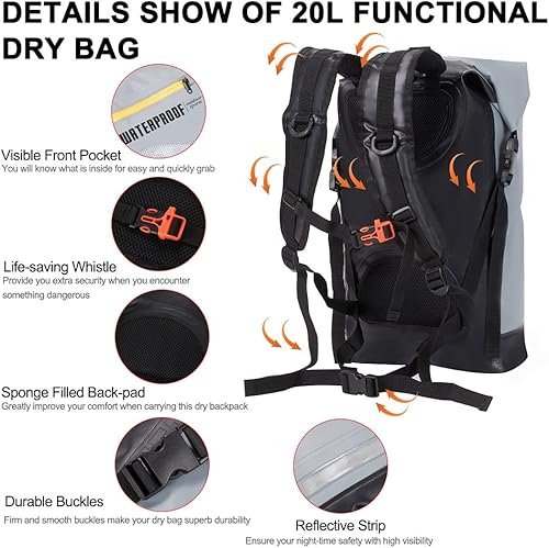Miniatura 3 de Blueshyhall Mochila seca impermeable de 20 L, cierre superior enrollable, repelente al agua, bolsa de almacenamiento para kayak, rafting, barco,