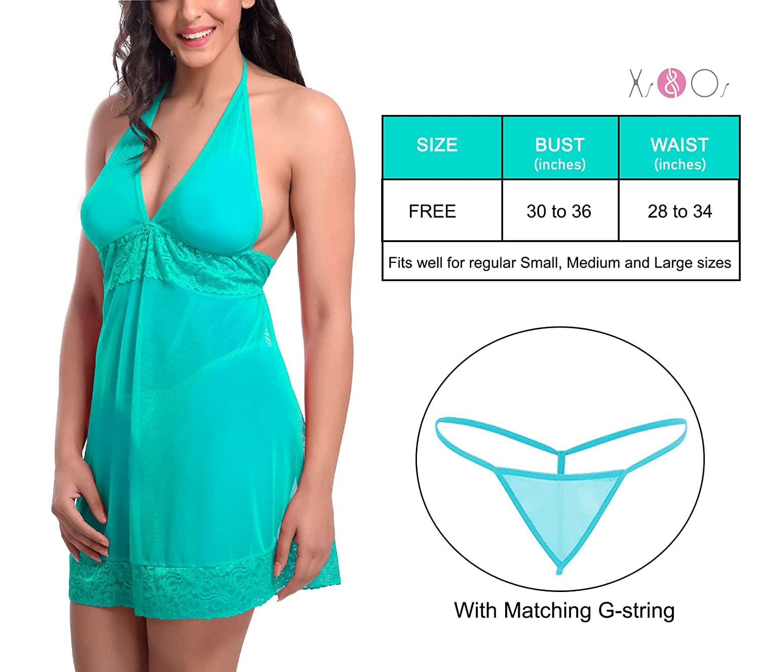 Ensemble nuisette en dentelle avec col en V et string Vert d'eau Taille unique