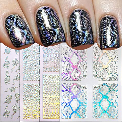 Laser Silver Snake Nail Stickers,Holographic Laser Nail Art Stickers 3D Snake Nail Decals Sun Moon Star Heart Snake Grain Nail Designs Self Adhesive Stickers For Nails Women Nail Supplies,6 Sheets/Set #TOP1