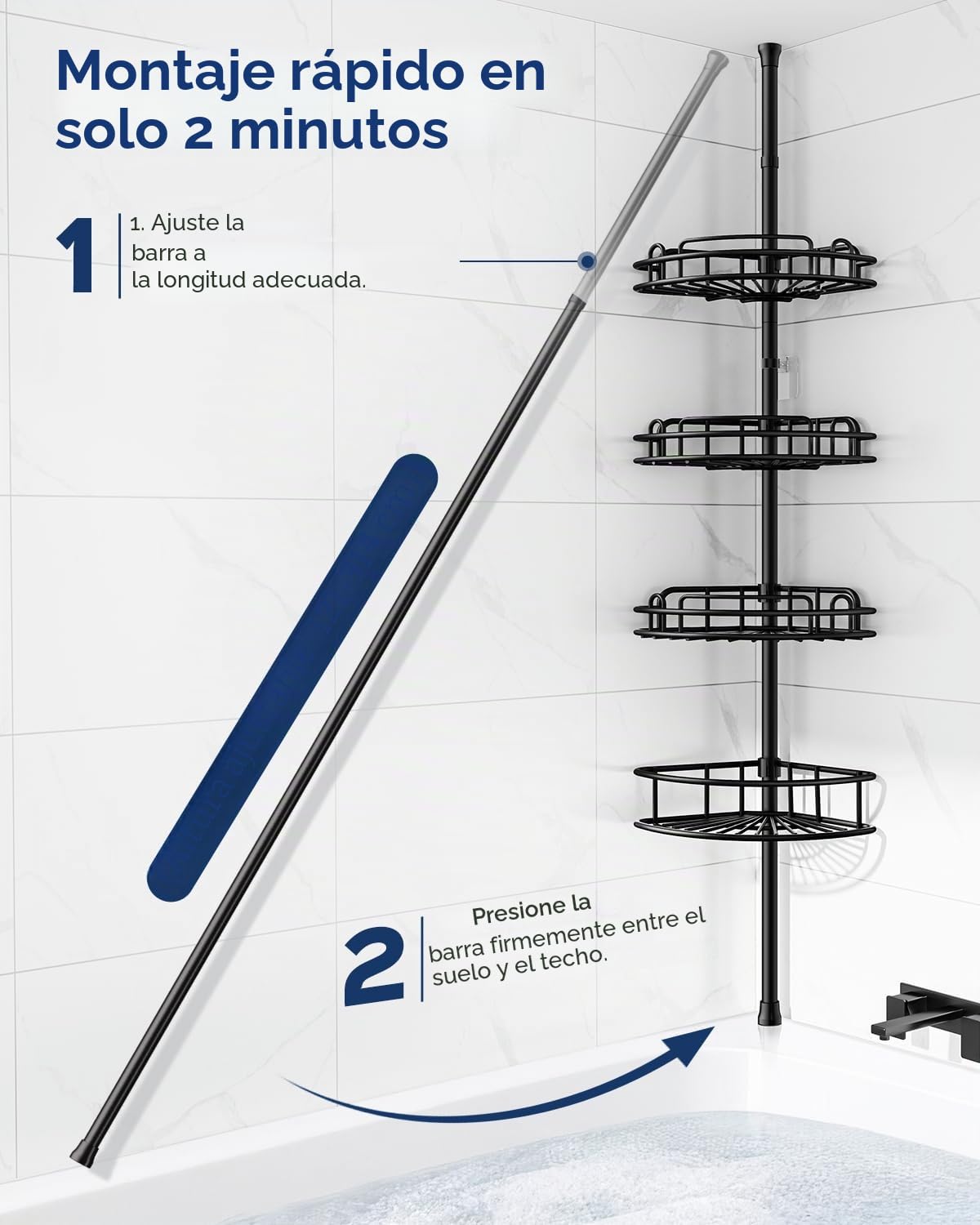 HAMITOR Estantería Baño Ducha Telescópica de 4 Pisos, Ángulo de Metal para Cuarto de Baño, sin Taladrar, Almacenamiento para Champús, Jabones y Geles de Ducha, Longitud Regulable 121-314 cm, Negro