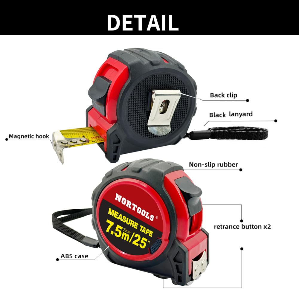 NORTOOLS Tape Measure,7.5M/25-Foot,Retractable Measuring Tape with Waterproof ABS Case,Self-Locking Blade,Easy Read Tape Measure - Image 2