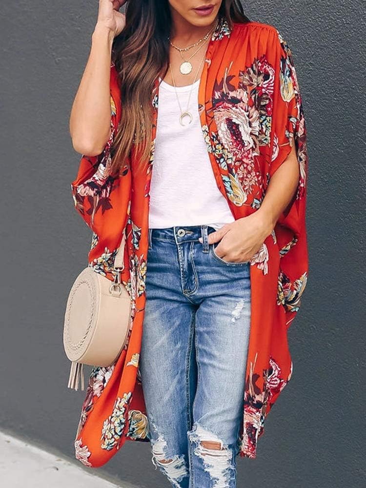 Ivay Womens Floral Kimono Duster Cardigans Short Sleeve Draped Oversized Beach Cover Up Cape - Image 6