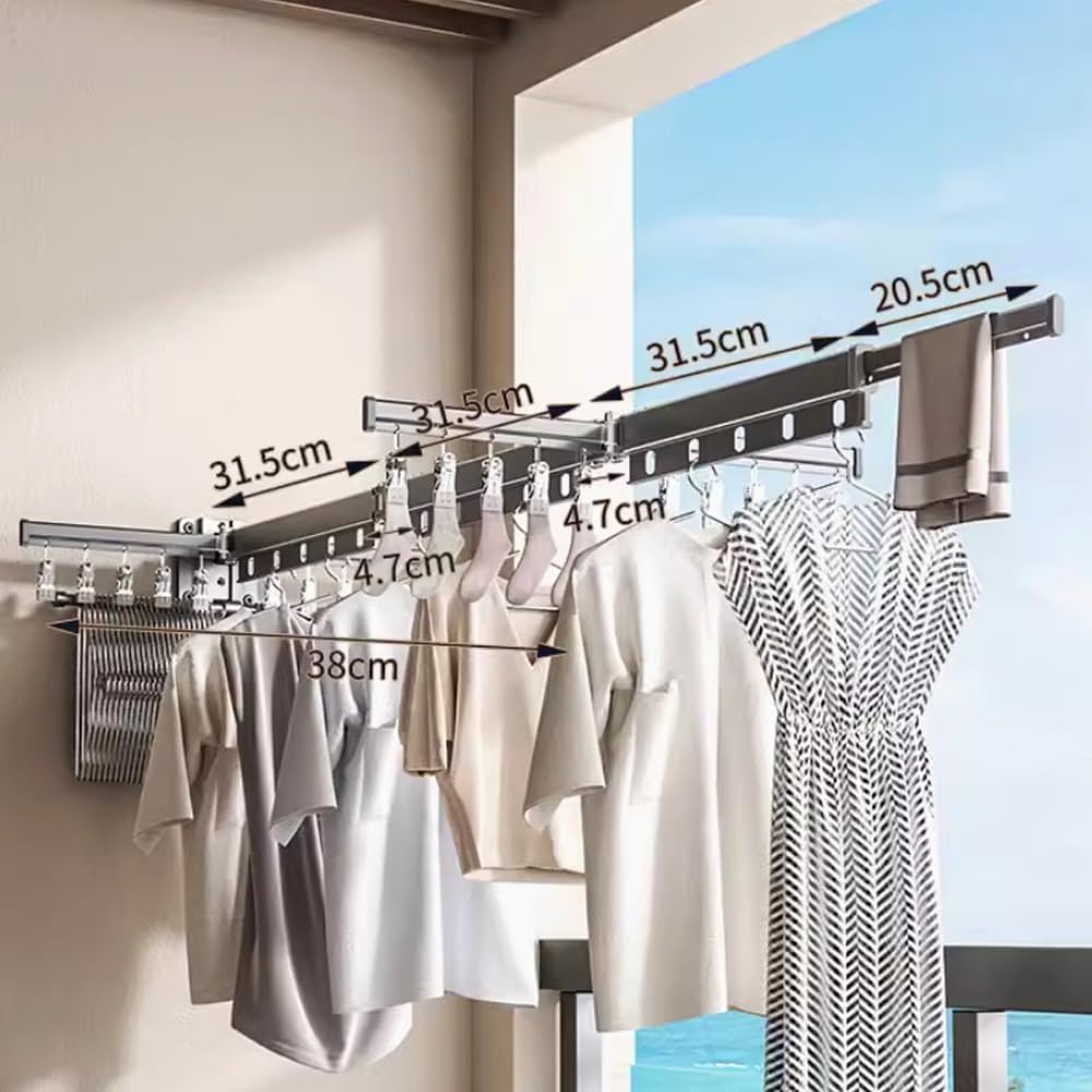 Hggzeg Wäscheständer zur Wandmontage, einziehbares Regal mit Haken, um 360 ° drehbar, dreifach, zusammenklappbar, für Balkon, Waschküche, Badezimmer (Bleigrau)