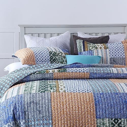 Colcha de algodón King para dormitorios bohemios con colcha azul reversible 3
