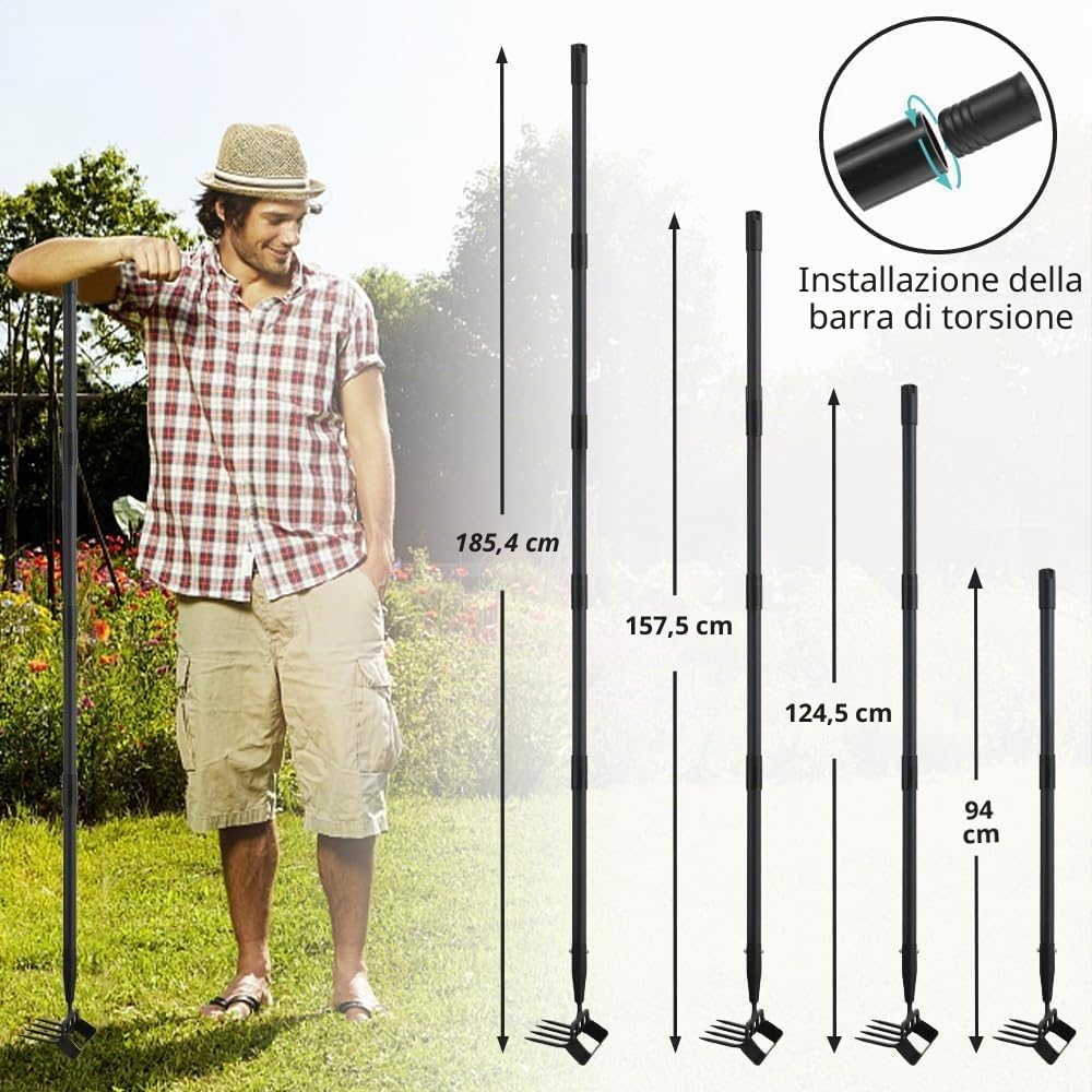 Zappa da giardino, 124 cm, 2 in 1, attrezzi da giardino con punta a 4 denti, con manico lungo regolabile per erbacce, terreno allentato
