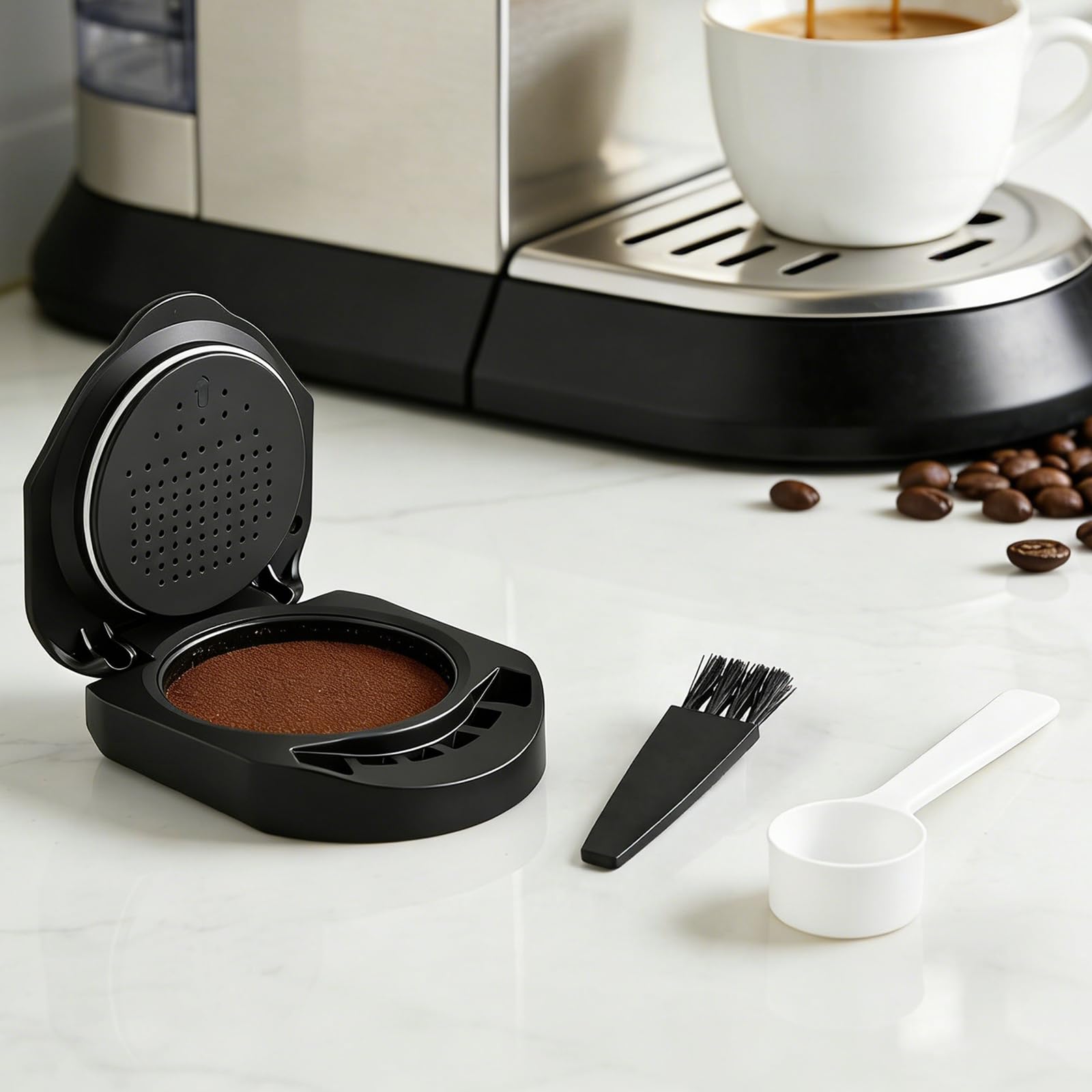 Set Completo Capsula Ricaricabile per Dolce Gusto - 1x Capsula in Plastica Design a Cestello, Misurino e Spazzolino per Pulizia - Compatibile con Piccolo XS, Genio S/Plus, EDG305, EDG260
