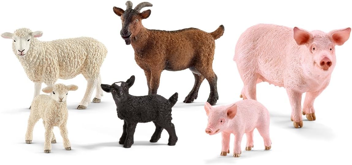 Schleich Farm World - 6PC Farm Animal Bundle with Sheep, Goat and Pig Figurines - Mom and Baby Barnyard Figures for Boys and Girls - Durable Baby