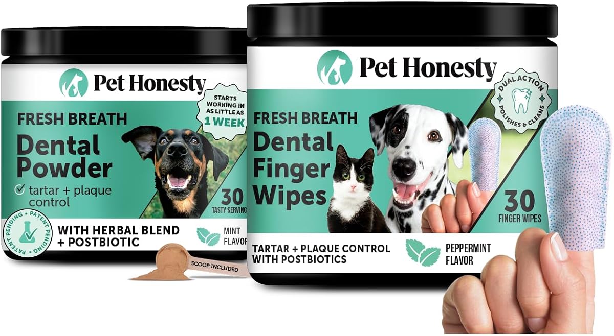 Paquete virtual de cuidado dental completo para perros – Polvo dental (menta, 30 porciones) + toallitas para los dedos (30 ct)