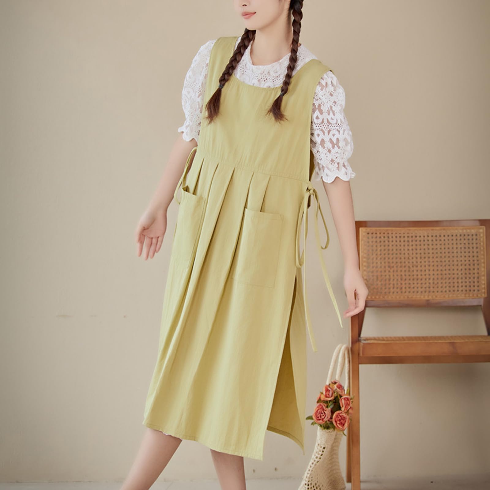 Tabliers de Cuisine en Coton pour Femme, avec Poches, idéal pour la Peinture et Le Jardinage, Taille Unique, Bleu (Vert, Taille Unique)