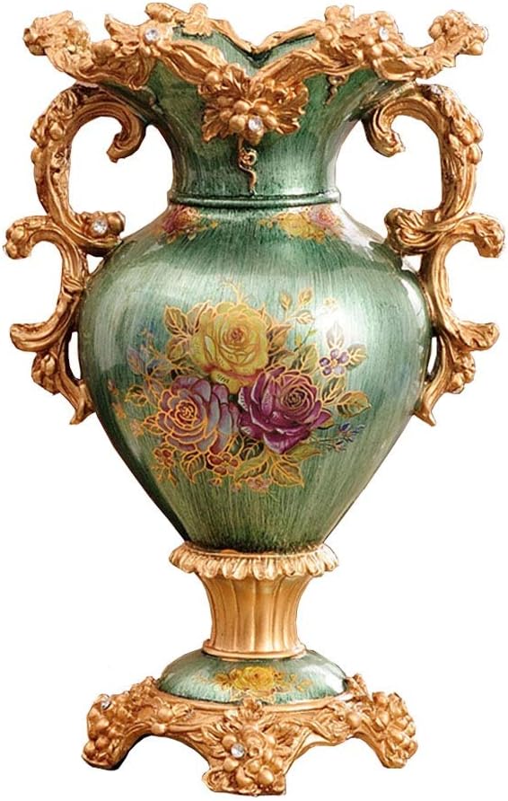 European-Style Retro Resin Large Flower Vases for Living Dining Room Table Centerpiece Bedroom Office Hotel Home Decoration Hand-Painted Tall Decorative Vase, Green(31cm× 46cm)